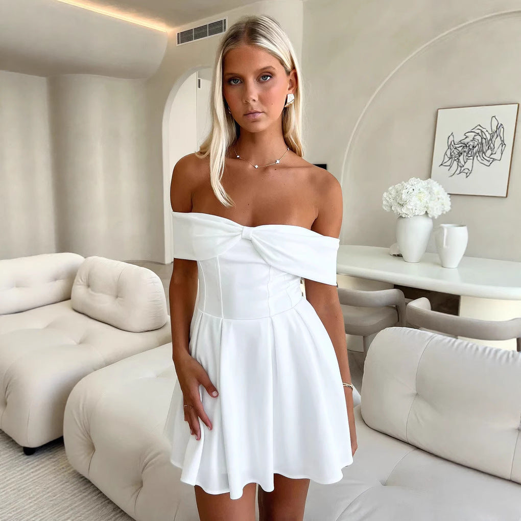 Damen Off-Shoulder Minikleid mit strukturiertem Bustier und schwingendem Rock R&B