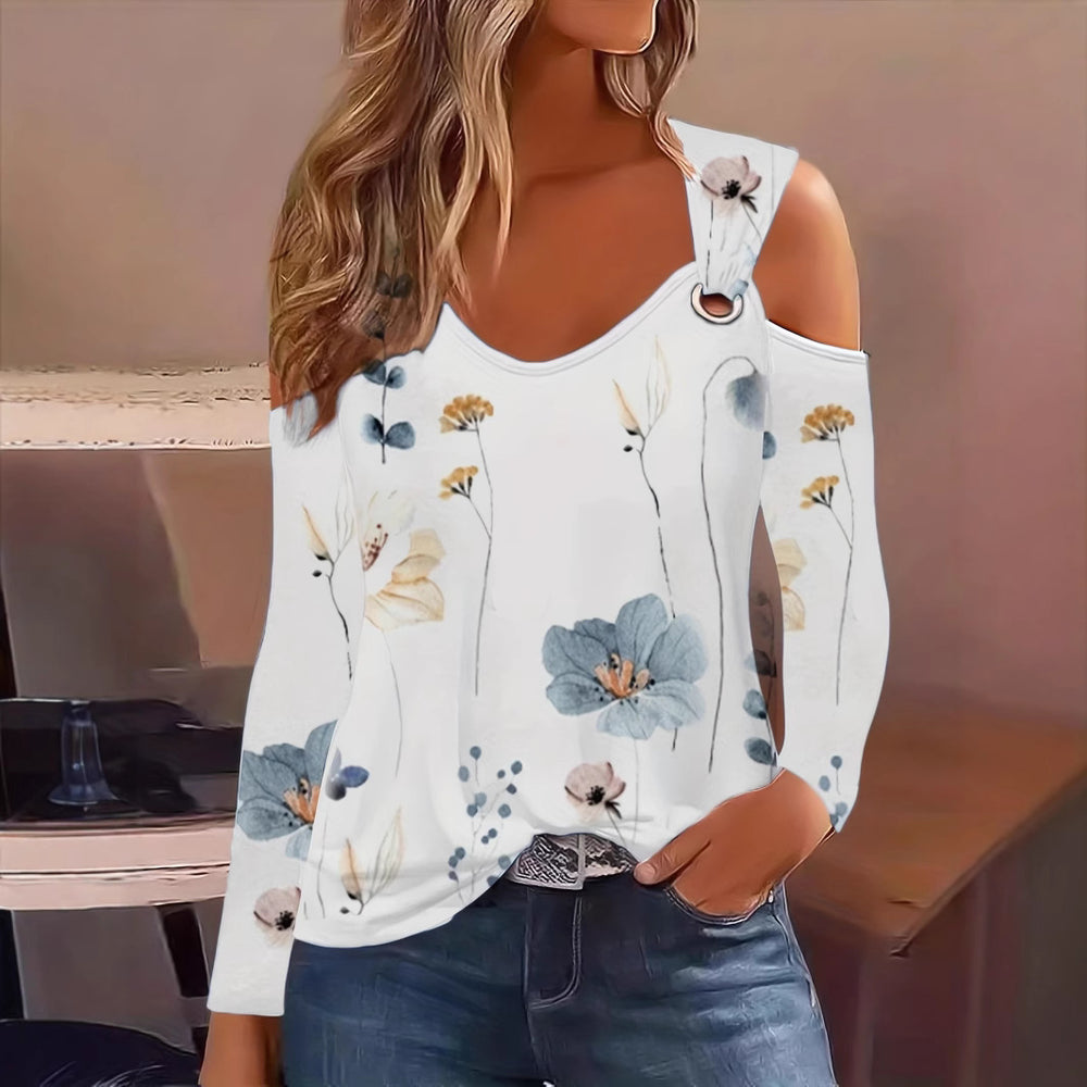 Damen Elegantes Langarmshirt mit kühlem Schulterdesign und floralem Druck R&B