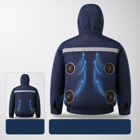Unisex nan ventilated jacket for work and outdoor with integrated USB fans, battery compartment and hood R&B