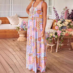 Damen Maxikleid mit buntem Patchwork-Muster und tiefem Ausschnitt R&B