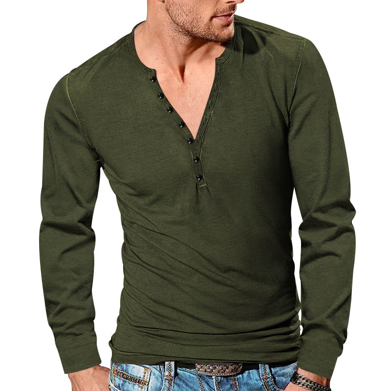 Herren nan langärmeliges Henleyshirt mit tiefer V-Knopfleiste, schmalem Slimfit und leichter Baumwollmischung R&B