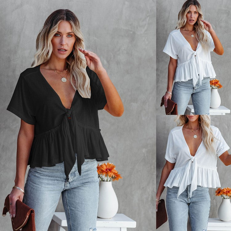 Damen Kurzarm Bluse mit knotbarem Design und frilligem Saum R&B