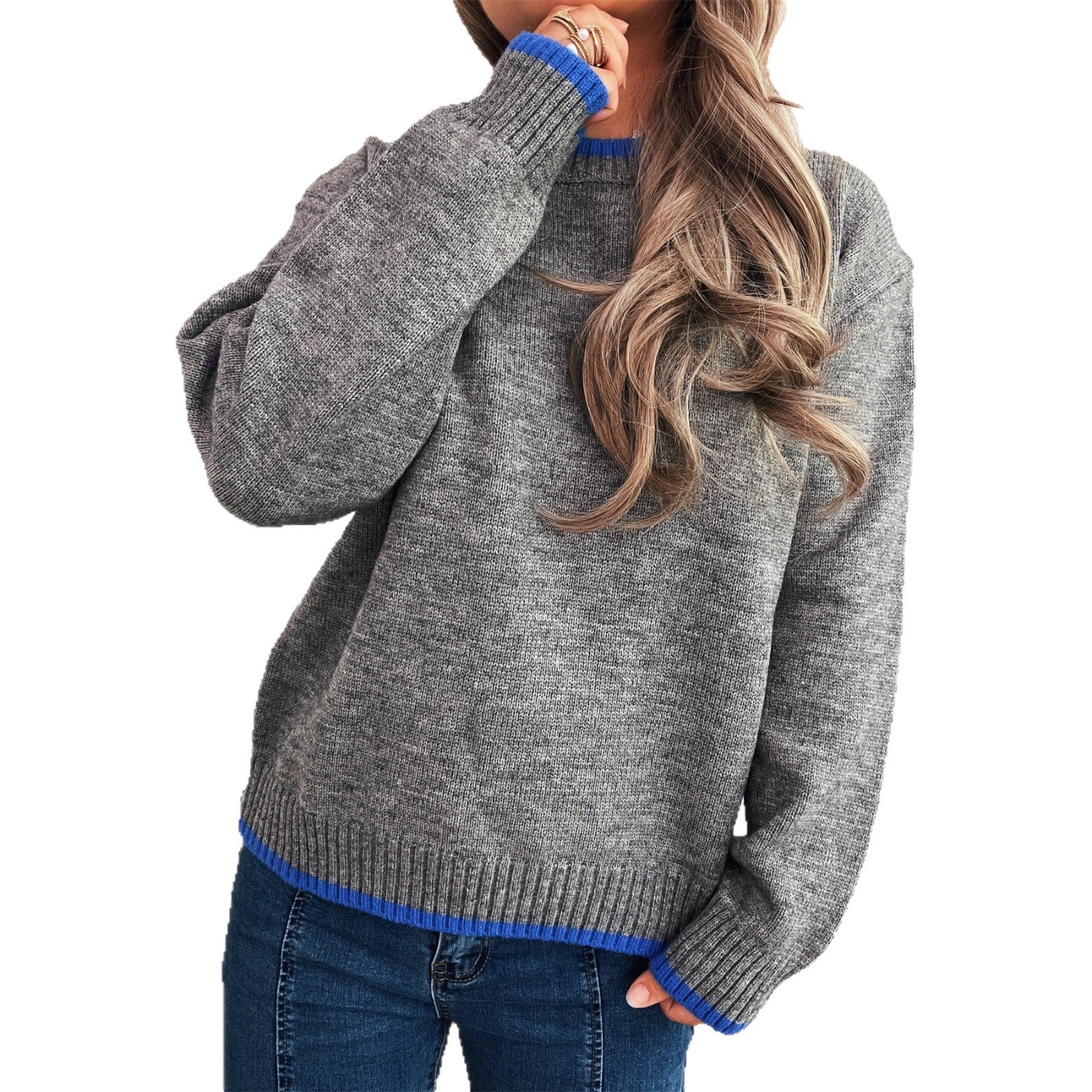 Damen gemütlicher Strickpullover mit kontrastierenden Bündchen und lässigem Schnitt R&B