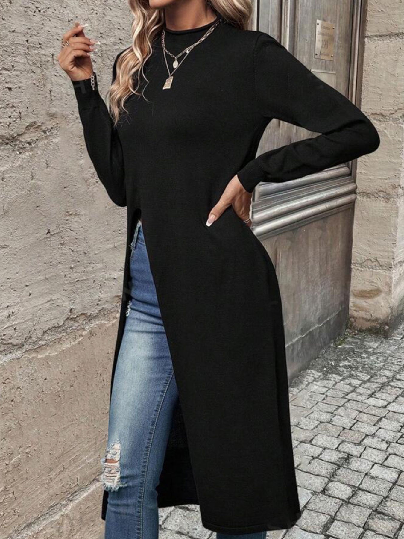 Damen elegantes Strickkleid mit seitlichen Schlitzen R&B
