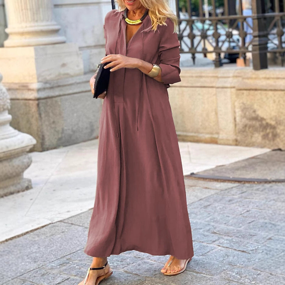 Damen lässiges Maxikleid mit tiefem V-Ausschnitt und eleganten Bindebändern R&B