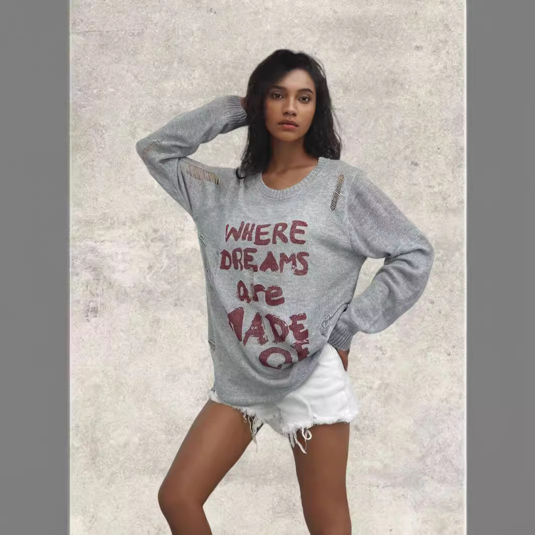 Damen Oversized Pullover mit kreativen Schriftzügen und raffinierten Details R&B