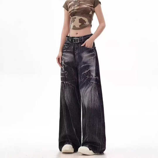 Damen Weite Jeanshose mit modischem Used-Look und hohem Bund R&B
