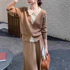 Damen Strickensemble mit eleganter Blusenoptik und weitem Rock R&B