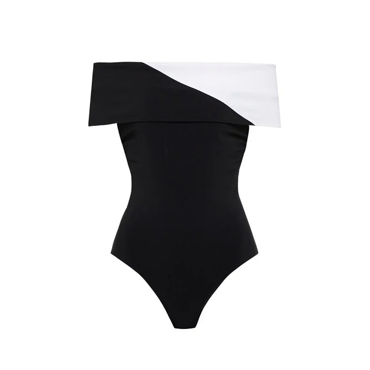 Damen Badeanzug mit modischem Off-Shoulder Design und eleganter Rüschen-Maxiröhre R&B