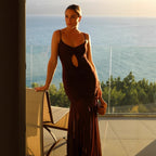 Damen Elegantes Langarm-Maxikleid mit transparentem Rock R&B