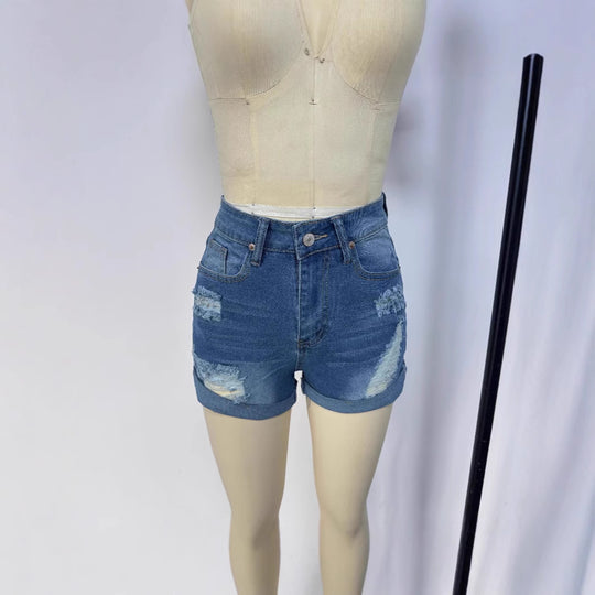 Damen kurze Destroyed Denim-Shorts im lässigen Look mit umgeschlagenen Säumen und stylischen Rissdetails R&B
