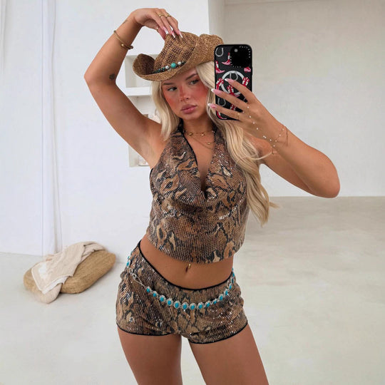 Damen Set aus schimmerndem Top und kurzen Shorts im Animal-Print R&B
