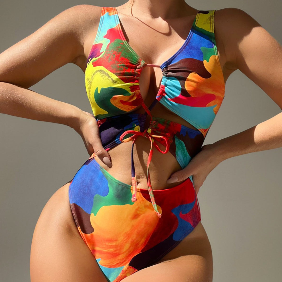 Damen Einteiler Badeanzug mit buntem Cut-Out-Design R&B