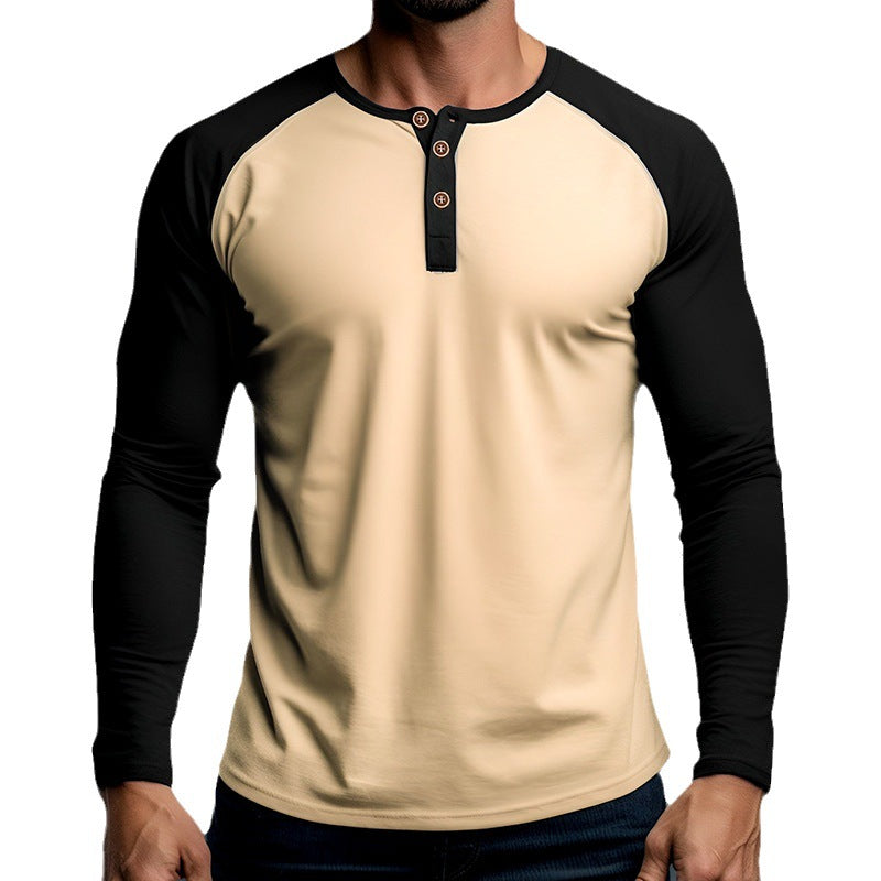 Herren Langarm-Henley-Shirt mit kontrastierenden Ärmel und modischem Knopfdesign