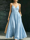 R&B Damen Sommerkleid Midikleid Spaghettiträger V-Ausschnitt