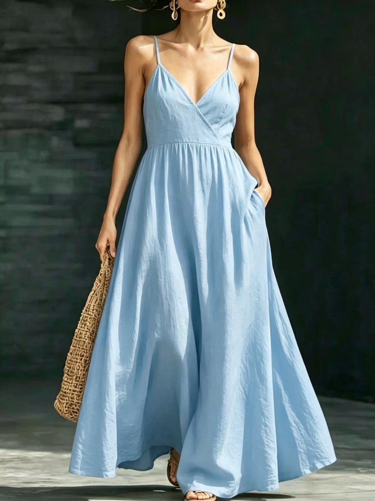 R&B Damen Sommerkleid Midikleid Spaghettiträger V-Ausschnitt