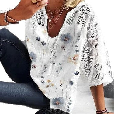 Damen nan V-Ausschnitt-Tunika mit Ajourstrick-Ärmeln und dezentem Aquarell-Blumenprint R&B