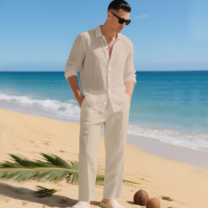 Herren leichtes Leinen-Outfit mit stilvollem Hemd und eleganter Hose R&B