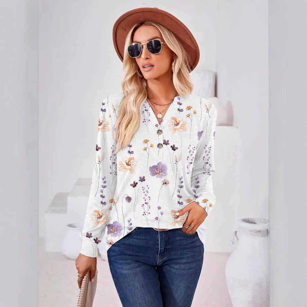 Damen Langarm-Bluse mit floralem Druck und Knopfleiste R&B