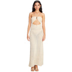Damen gehäkeltes Maxikleid mit tiefem V-Ausschnitt und seitlichem Cut-Out R&B