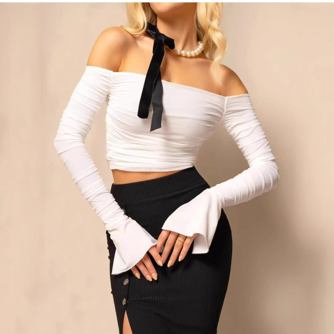 Damen Off-Shoulder Crop-Top mit langen Ärmeln und Rüschendetails