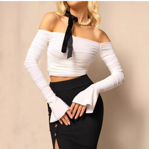 Damen Off-Shoulder Oberteil mit langen Ärmeln und Rüschendetails R&B