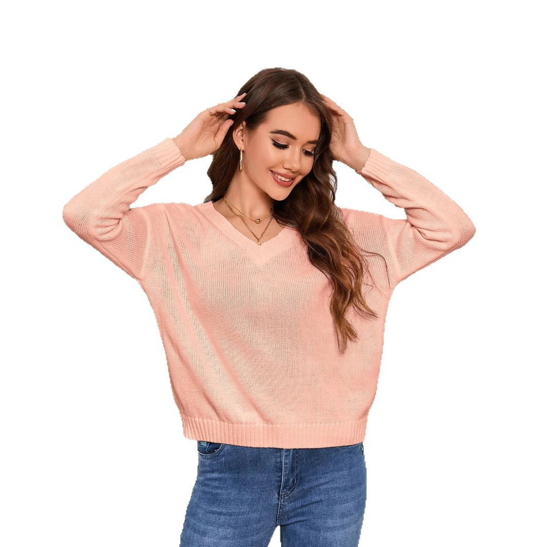 Damen V-Ausschnitt Strickpullover mit lässiger Passform und geripptem Saum R&B