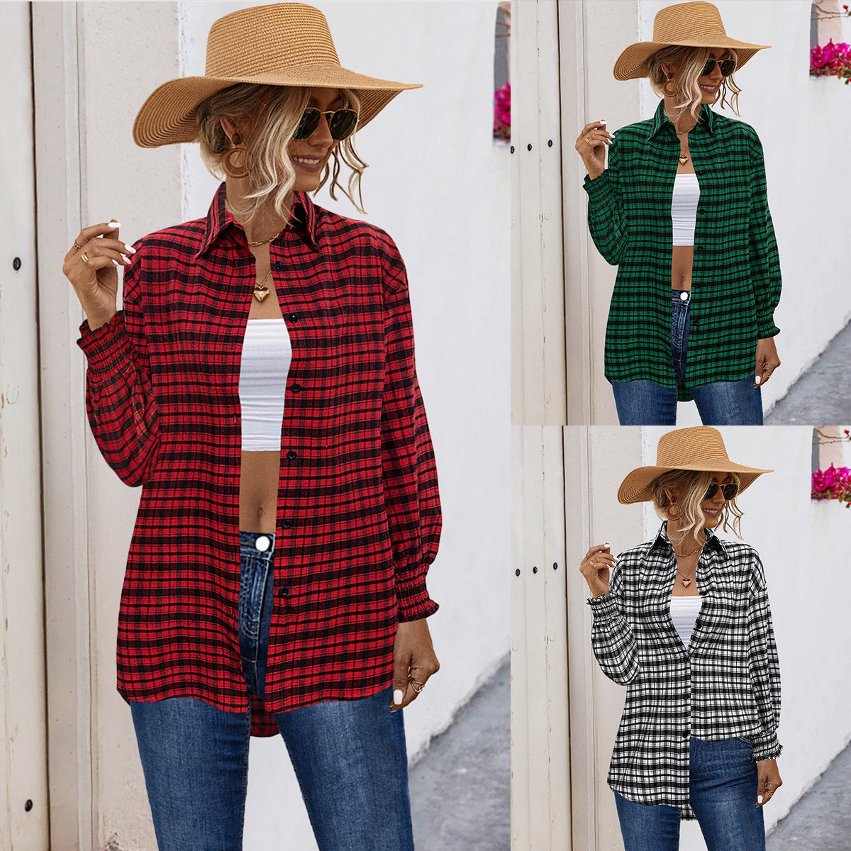 Damen Karobluse mit angeschnittenen Ärmeln und elastischen Ärmelsäumen R&B