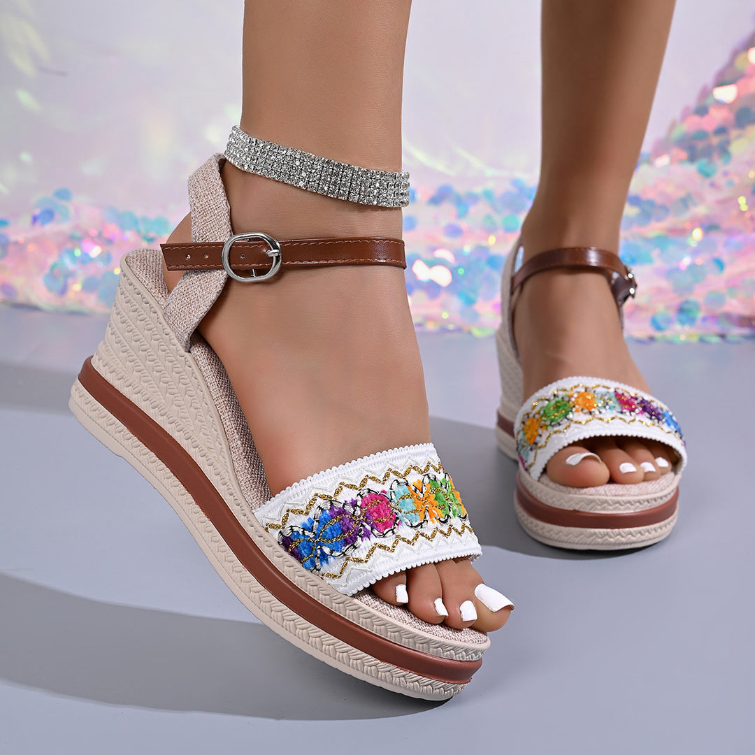 Damen Wedge-Sandalen mit buntem Stickereibesatz und komfortablem Riemchen R&B