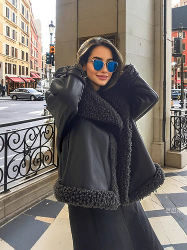 Damen Oversized Kunstlederjacke mit kuscheligem Futter R&B