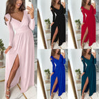 Damen elegantes Maxikleid mit tiefem V-Ausschnitt und praktischen Seitenschlitzen R&B