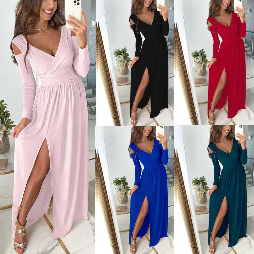 Damen elegantes Maxikleid mit tiefem V-Ausschnitt und praktischen Seitenschlitzen R&B