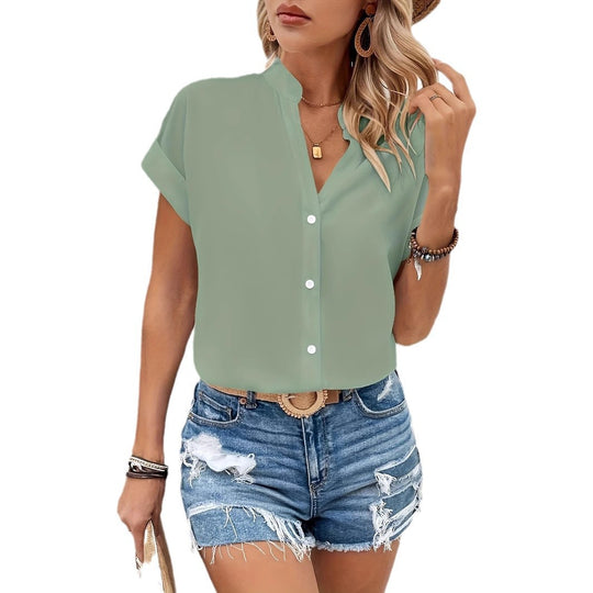 Damen Kurze Bluse mit Stehkragen und Knopfverschluss R&B