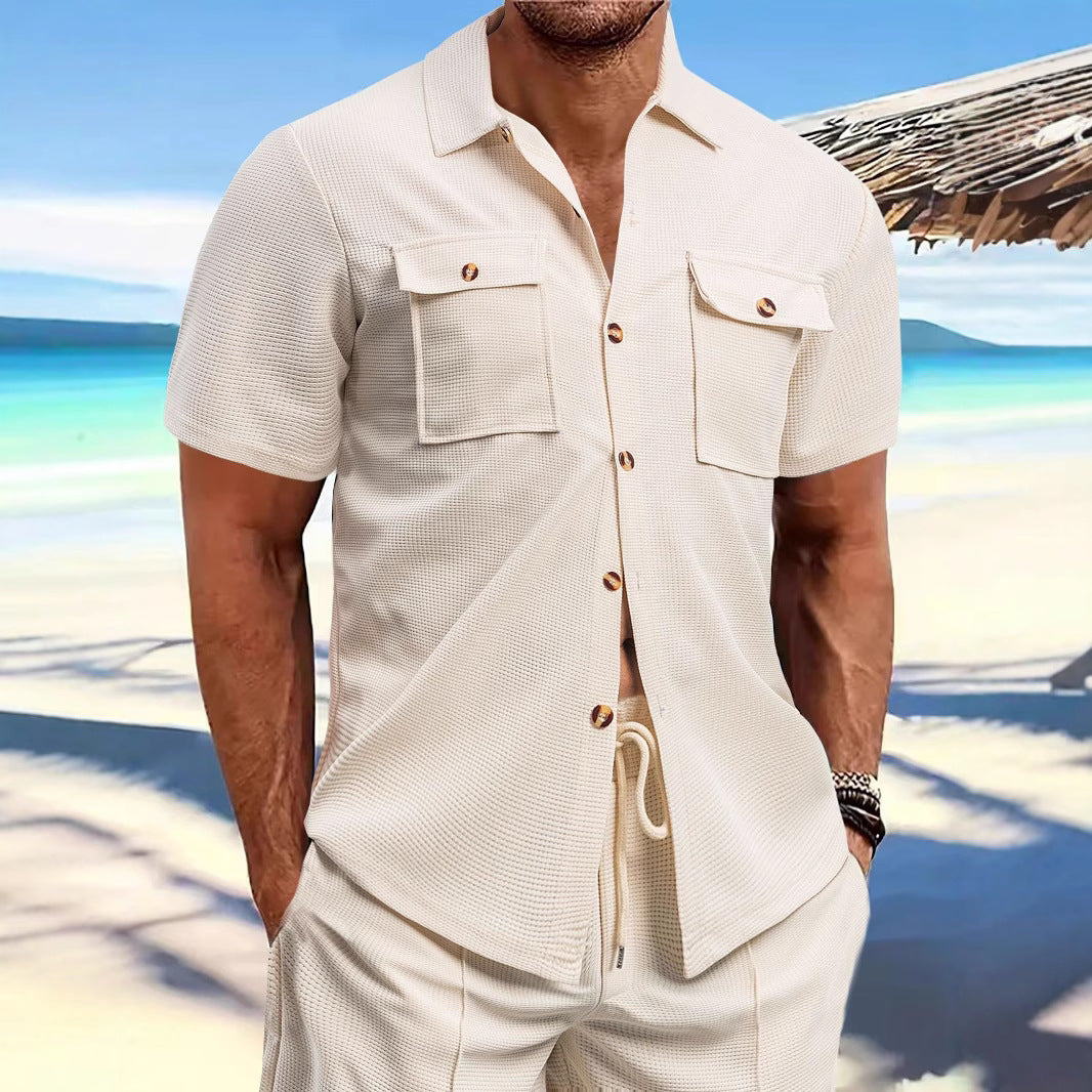 Herren nan strukturiertes Waffel-Lounge-Set mit Hemdjacke, Brustklappen und Kordelhose R&B
