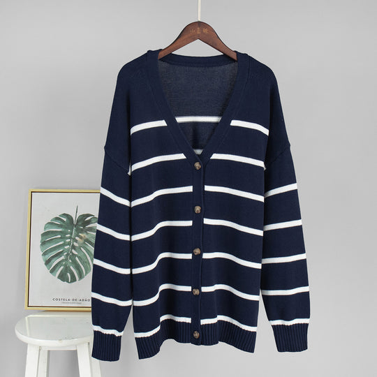 Damen Strickcardigan mit V-Ausschnitt und groben Streifen R&B