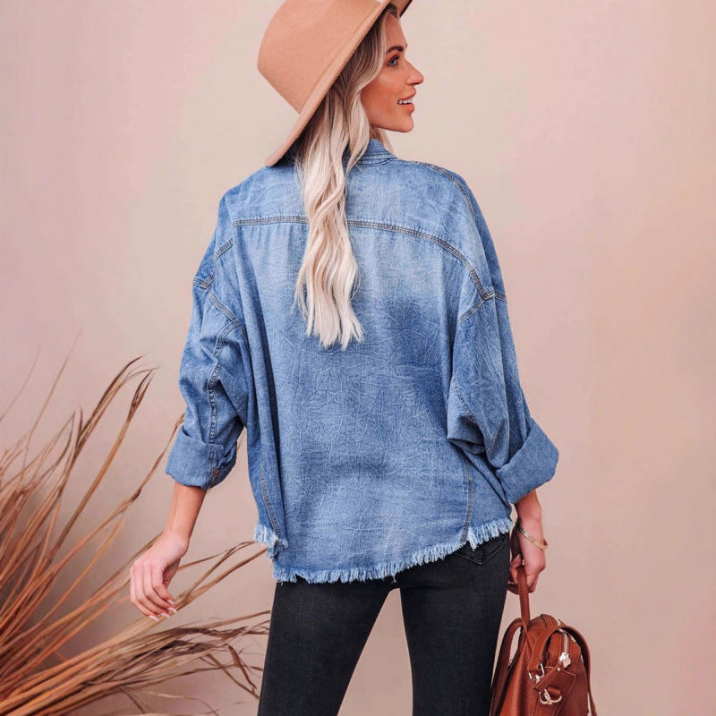 Damen Lässige Denimbluse mit Fransen und aufgesetzten Taschen R&B