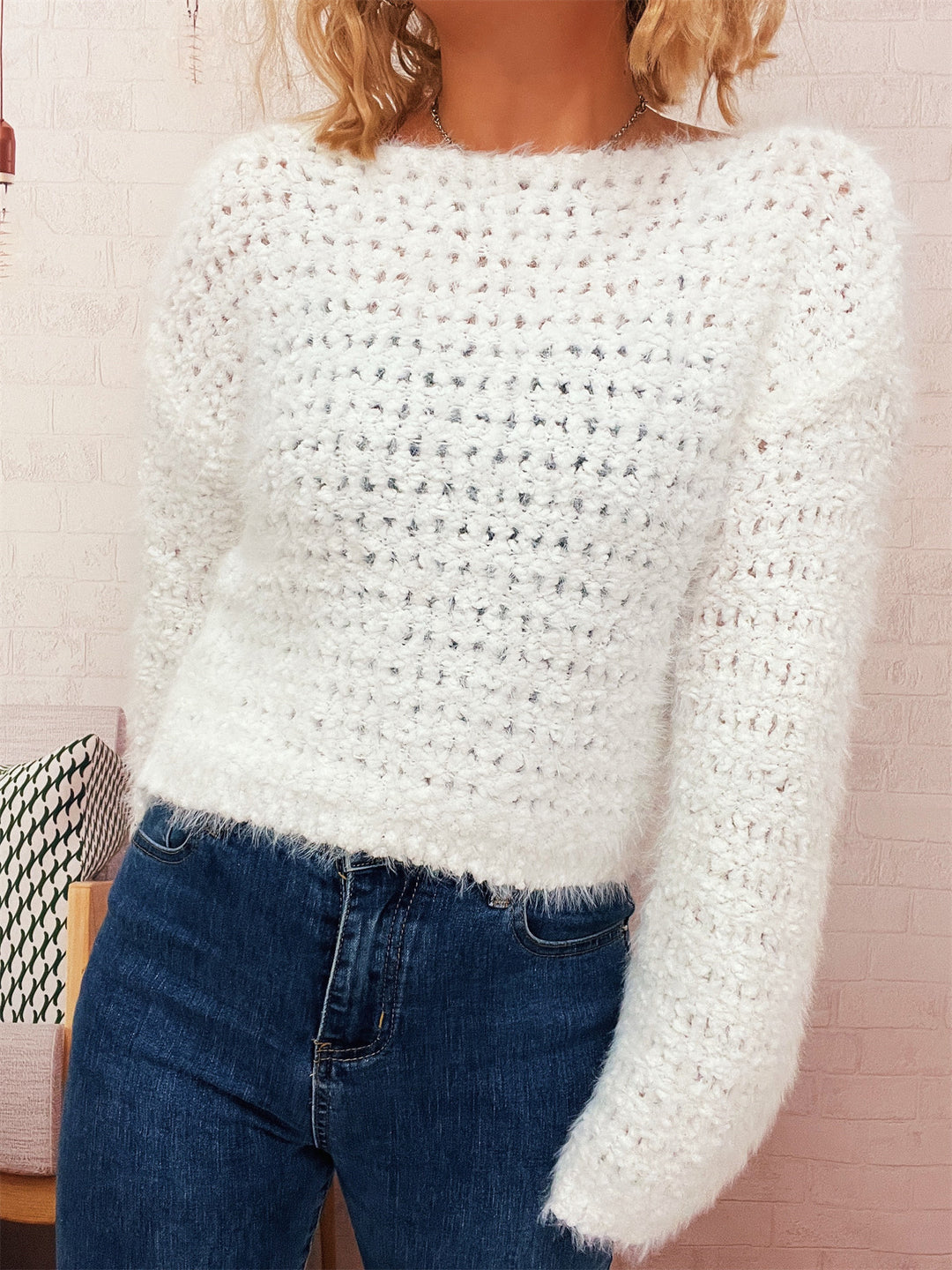 Damen kuscheliger Strickpullover mit auffälligem Flauschdesign und weitem Schnitt R&B