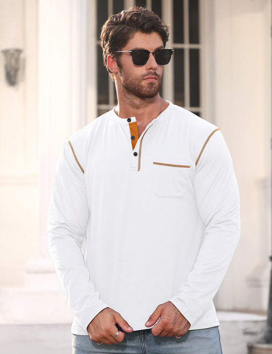Herren nan Langarmshirt mit kurzer Knopfleiste Brusttasche und kontrastierenden Ziernähten R&B