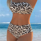 Damen Bandeau-Bikini mit hohem Taillenschnitt und stilvollem Leopardenmuster R&B