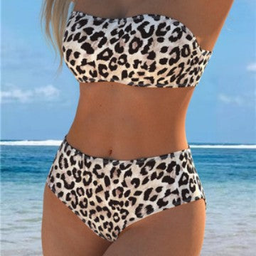 Damen Bandeau-Bikini mit hohem Taillenschnitt und stilvollem Leopardenmuster R&B