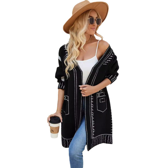 Damen Langarm Cardigan mit grafischem Design und praktischen Taschen R&B
