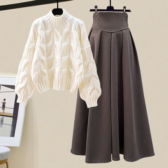 R&B - Schickes Herbst Strickpullover & Plissee Rock Set für Damen