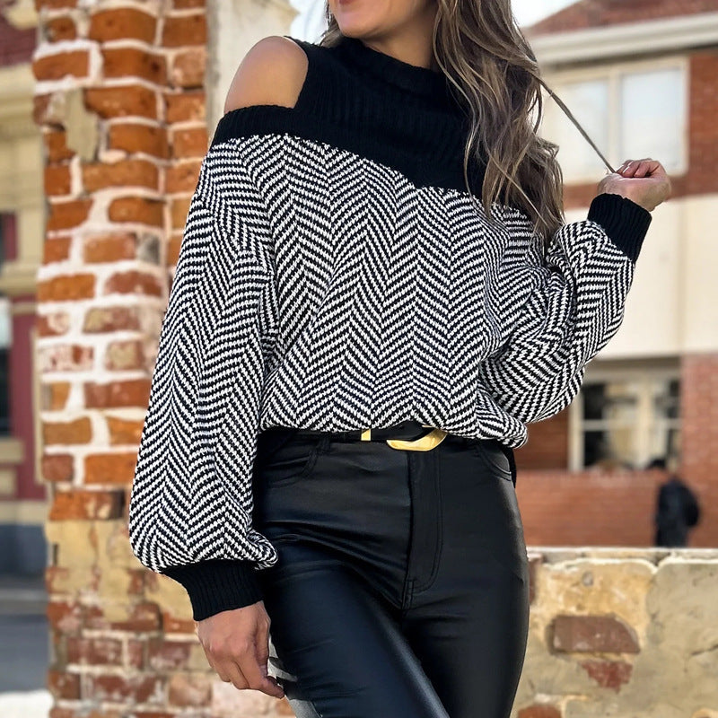 Damen Strickpullover mit Schulterfreiem Design und Stilvollem Zickzackmuster R&B