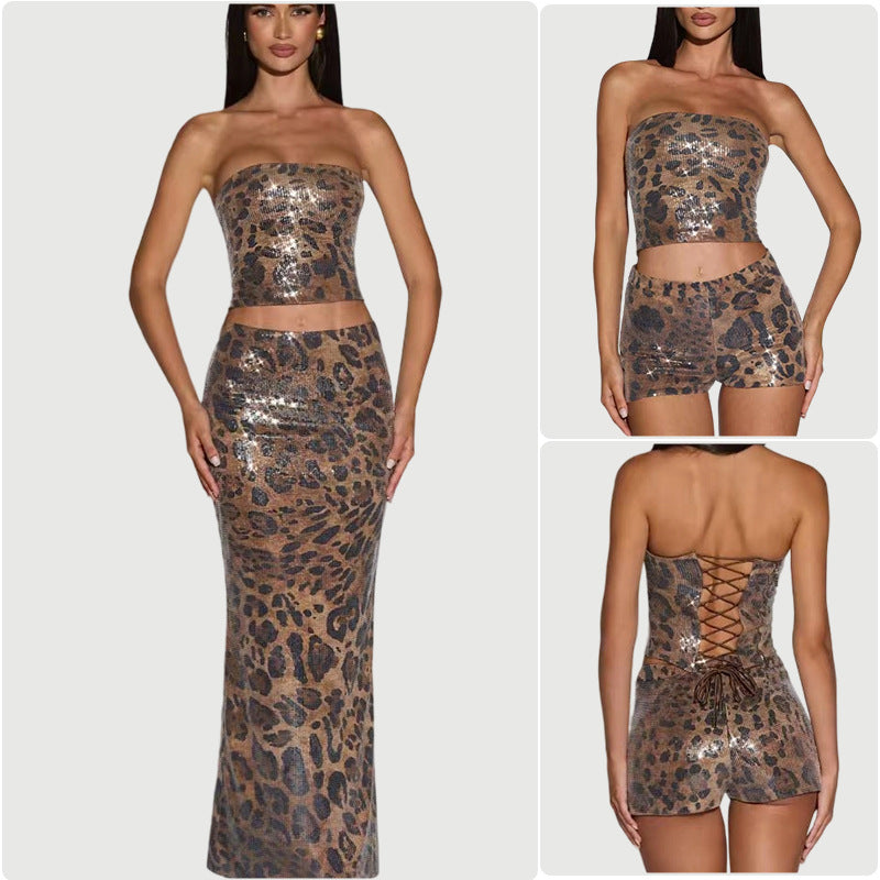 Damen Crop-Top und Shortset im Leopardenmuster mit glitzernden Akzenten R&B