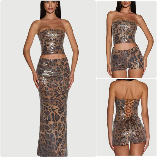 Damen Crop-Top und Shortset im Leopardenmuster mit glitzernden Akzenten R&B