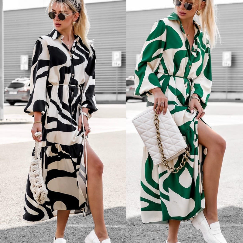 Damen Hemdblusenkleid mit modischem Wellenmuster und Taillengürtel R&B