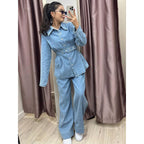 Damen Denim-Blazer-Set im Vintage-Stil mit Taillengürtel R&B