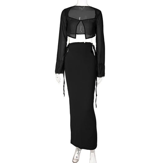 Damen Transparentes Set mit Crop-Top und Maxirock R&B