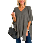 Damen V-Pullover aus feinem Strick mit weit geschnittenen Ärmeln und lässigem Stil R&B