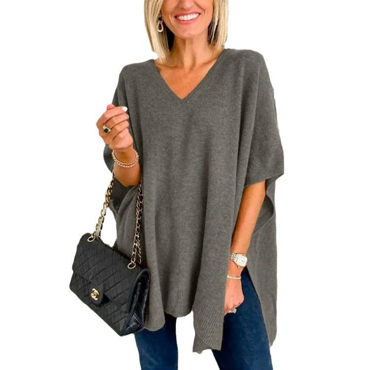 Damen V-Pullover aus feinem Strick mit weit geschnittenen Ärmeln und lässigem Stil R&B